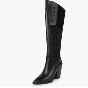 Black Cowboy Boots for Women, Tall Embroidered Western Cowgirl Boots Knee High